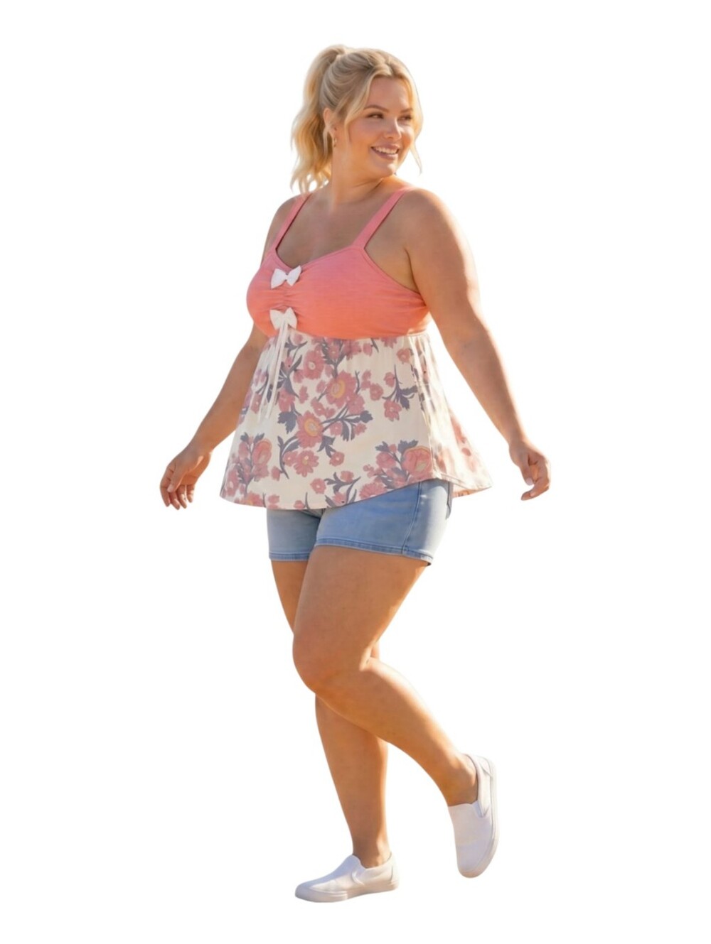 Rosegal 4X US 22 Blush Coral Floral Sheer Babydoll Tunic Tank